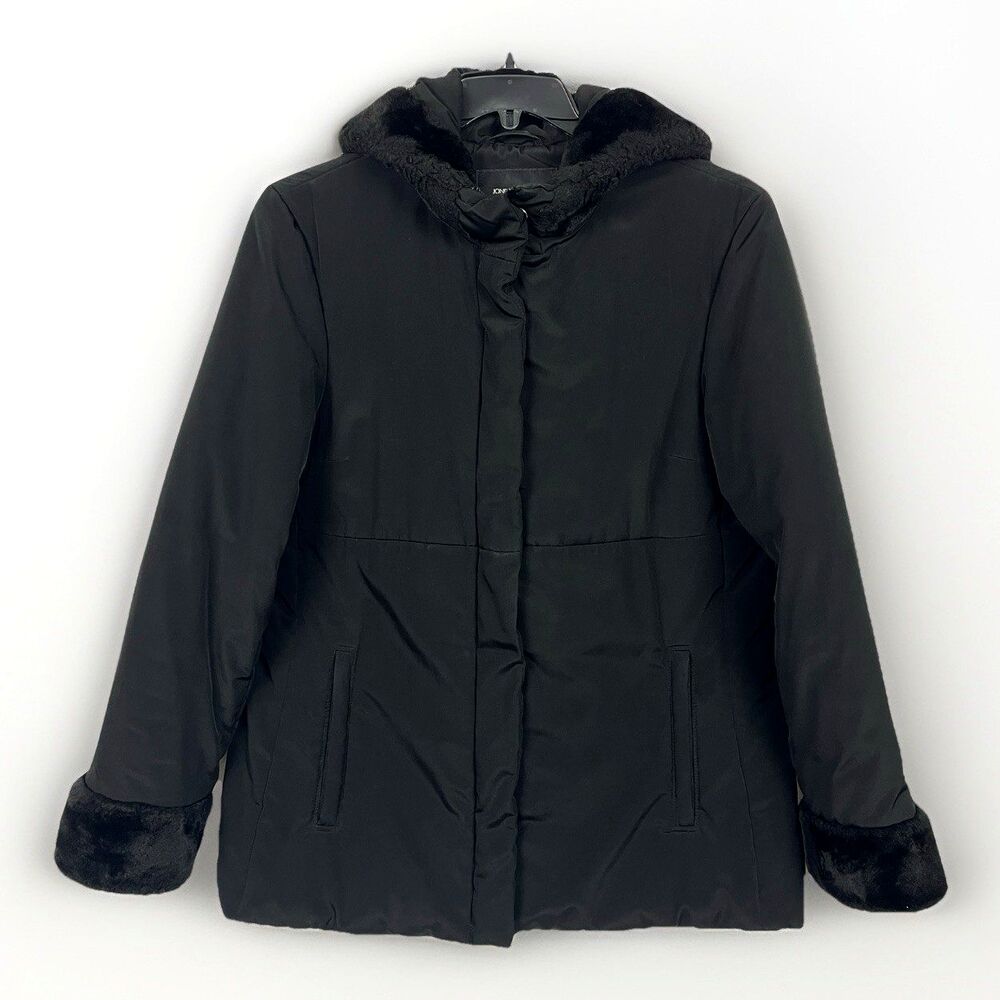 Jones New York Black Winter Jacket Hoodie Womens SZ M Faux Fur Trim Lined Zip